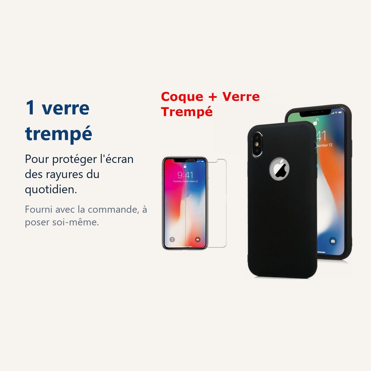 Verre trempé pour protéger lécran – Coque Souple Silicone Pour iPhone X (10) / Xs (10s) Noir + Verre Trempé Anti chocs et Ra