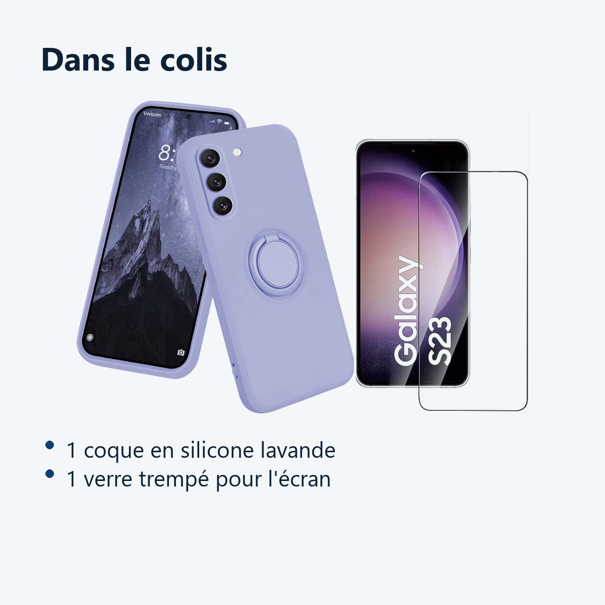 Contenu du colis – Coque Silicone Pour Samsung S23 5G Couleur Lavande Avec Anneau Support + Verre Trempe Protection Ecran