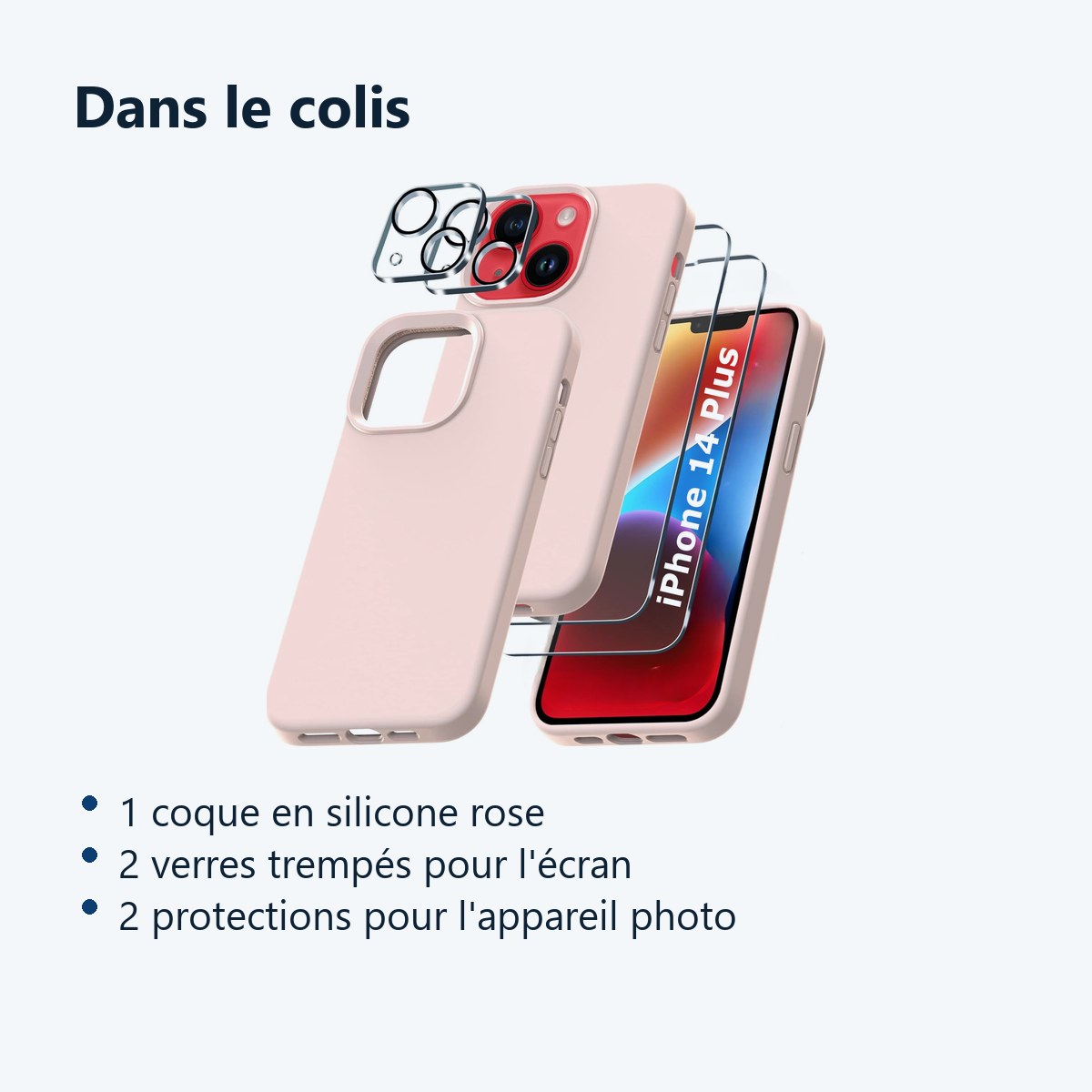 Contenu du colis – Coque Silicone Rose + Verres Trempes et Protections Camera Arriere X2 Pour iPhone 14 Plus