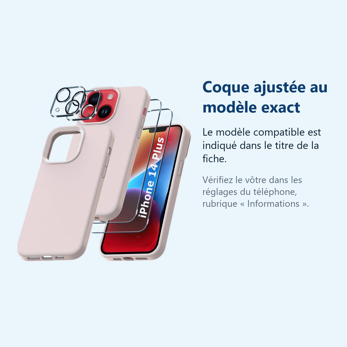 Accessoire ajusté au modèle exact – Coque Silicone Rose + Verres Trempes et Protections Camera Arriere X2 Pour iPhone 14 Plus