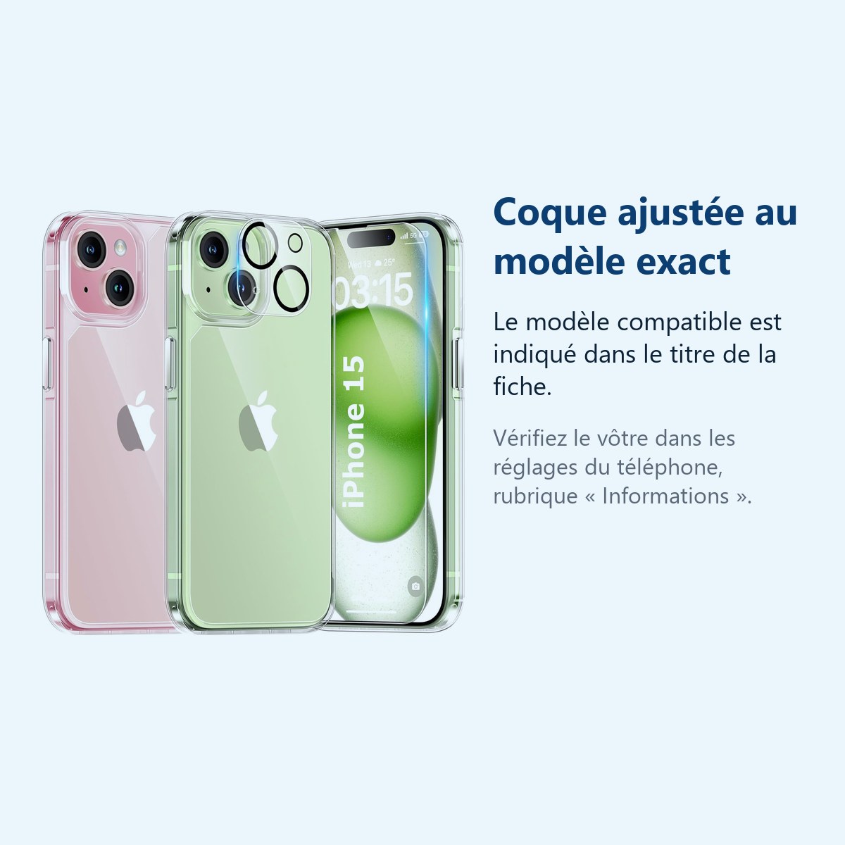 Accessoire ajusté au modèle exact – Coque Silicone Transparente + Verre Trempe et Protection Camera Arriere Pour iPhone 15