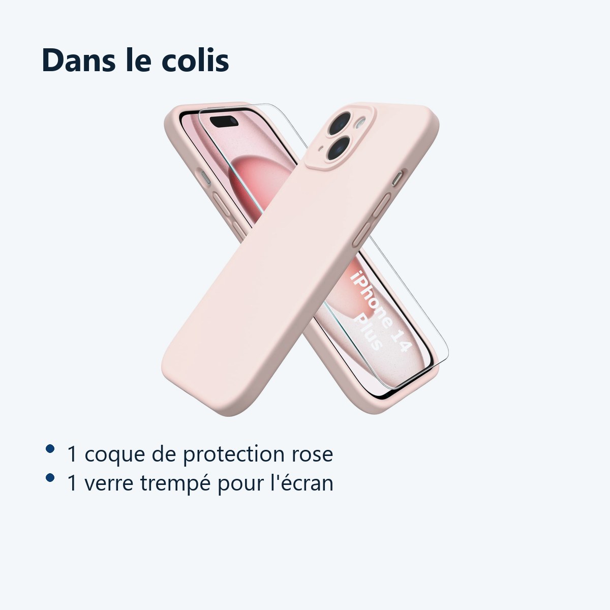 Contenu du colis – Coque Rose pour iPhone 14 Plus (6,7 pouces) et Verre Trempé Film Protection Ecran
