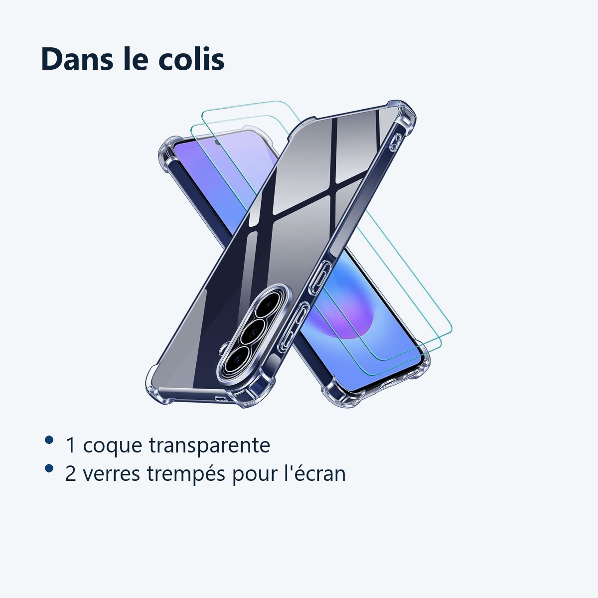 Contenu du colis – Coque Pour Samsung Galaxy A57 5G Silicone Transparente Angles Renforces + 2 Verres Trempes