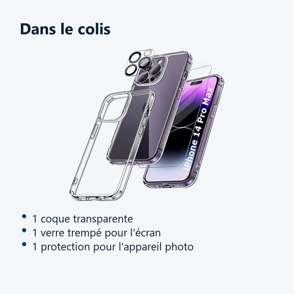 Contenu du colis – Coque Silicone Transparente + Verre Trempe et Protection Camera Arriere Pour iPhone 14 Pro Max