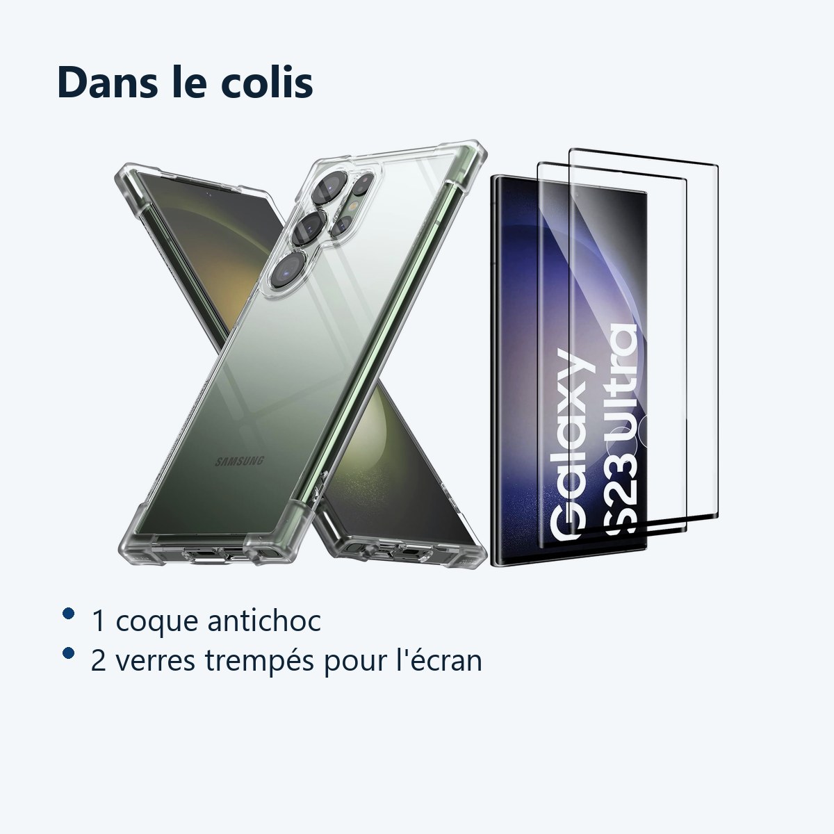 Contenu du colis – Coque antichoc pour Samsung Galaxy S23 Ultra (6,8 pouces) et 2 Verres Trempé Film Protection Ecran