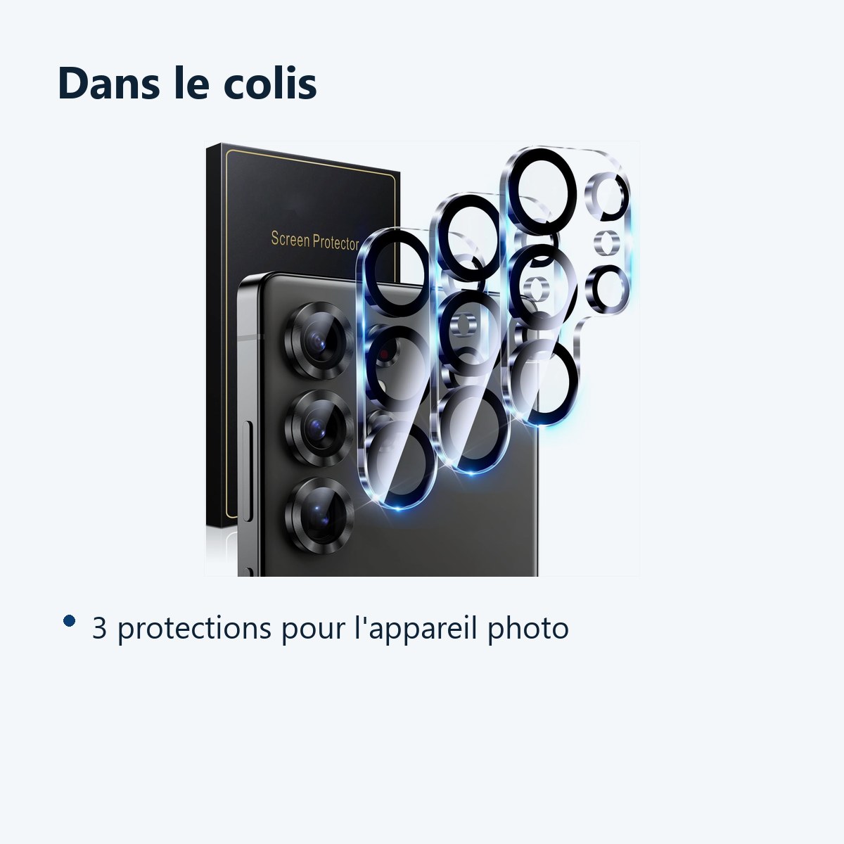 Contenu du colis – Verres Protection Camera Arriere Transparent X3 Pour Samsung Galaxy S25 Ultra