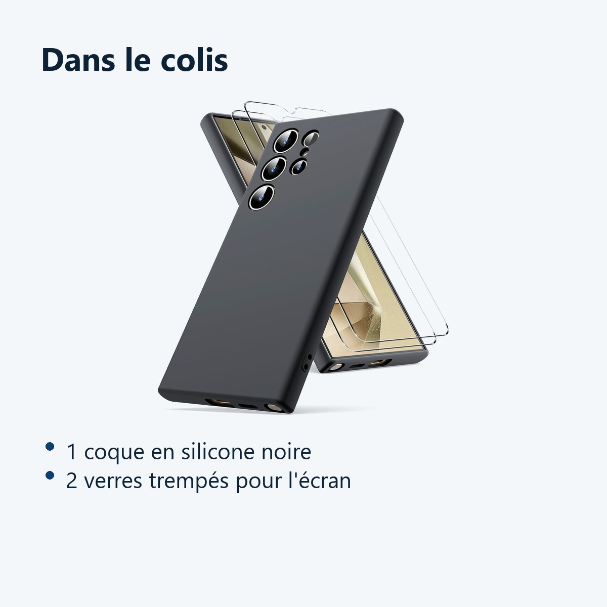 Contenu du colis – Coque Pour Samsung Galaxy S24 Ultra Silicone Noir + 2 Verres Trempes