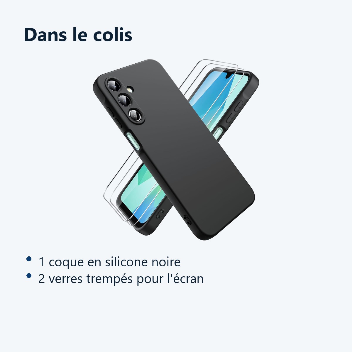 Contenu du colis – Coque Pour Samsung Galaxy A16 Silicone Noir + 2 Verres Trempes