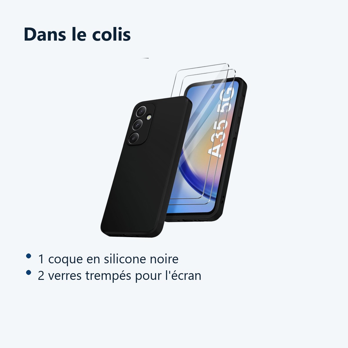 Contenu du colis – Coque Pour Samsung Galaxy A35 5G Silicone Noir + 2 Verres Trempes