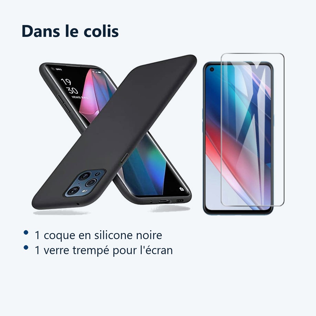 Contenu du colis – Coque Silicone Noir + Verre Trempe Pour Oppo Find X3 Lite