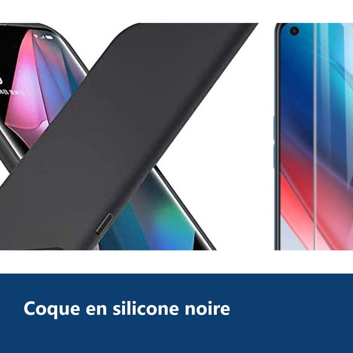 Vue de détail – Coque Silicone Noir + Verre Trempe Pour Oppo Find X3 Lite