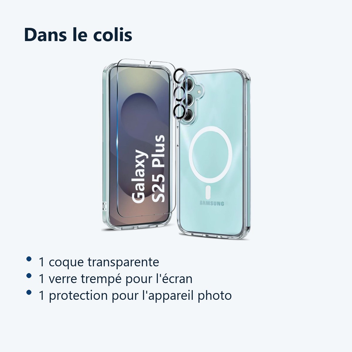 Contenu du colis – Coque Silicone Transparente Compatible Magsafe + Verre Trempes et Protection Camera Arriere Pour Samsung G
