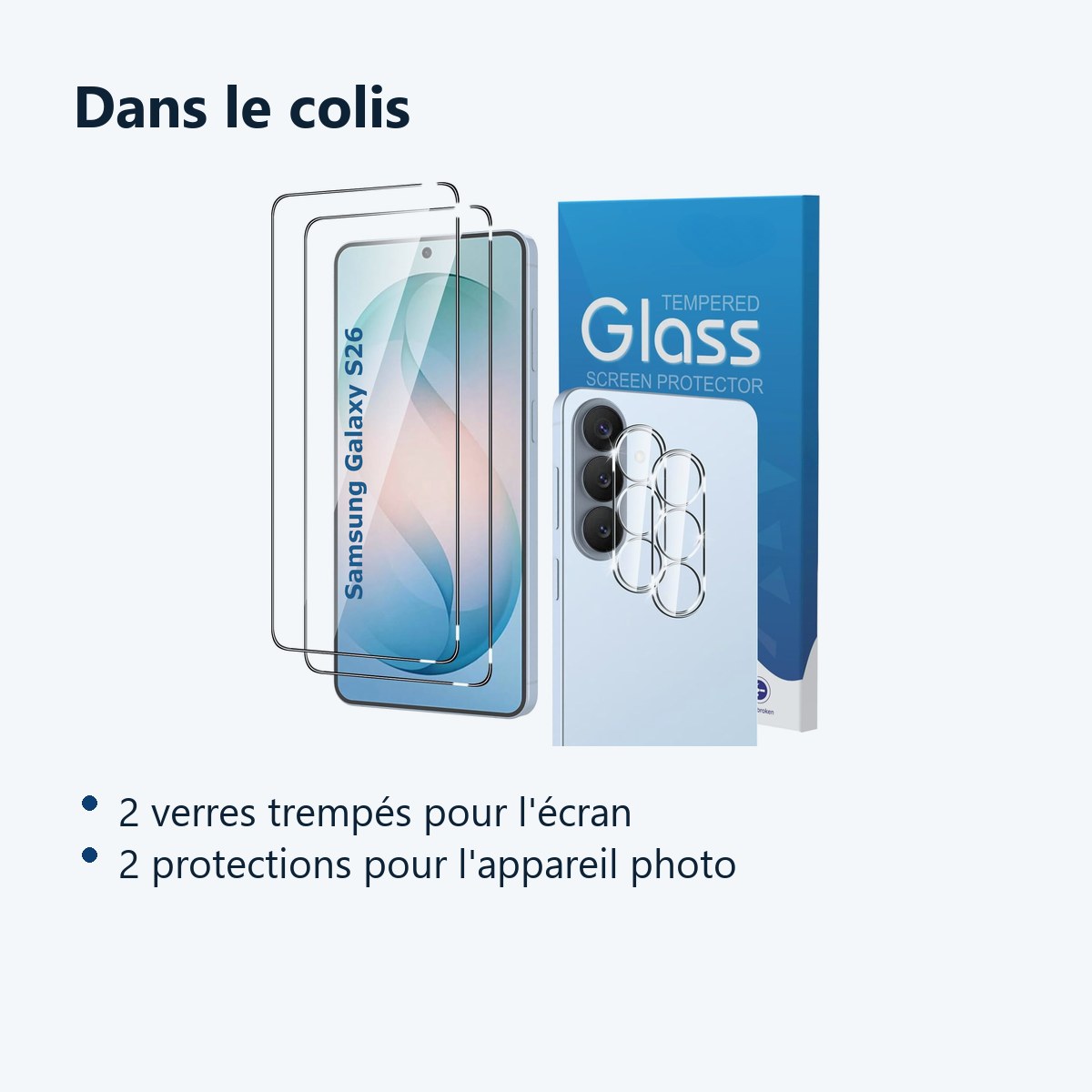 Contenu du colis – Verres Trempes et Protections Camera Arriere Transparent X2 Pour Samsung Galaxy S26