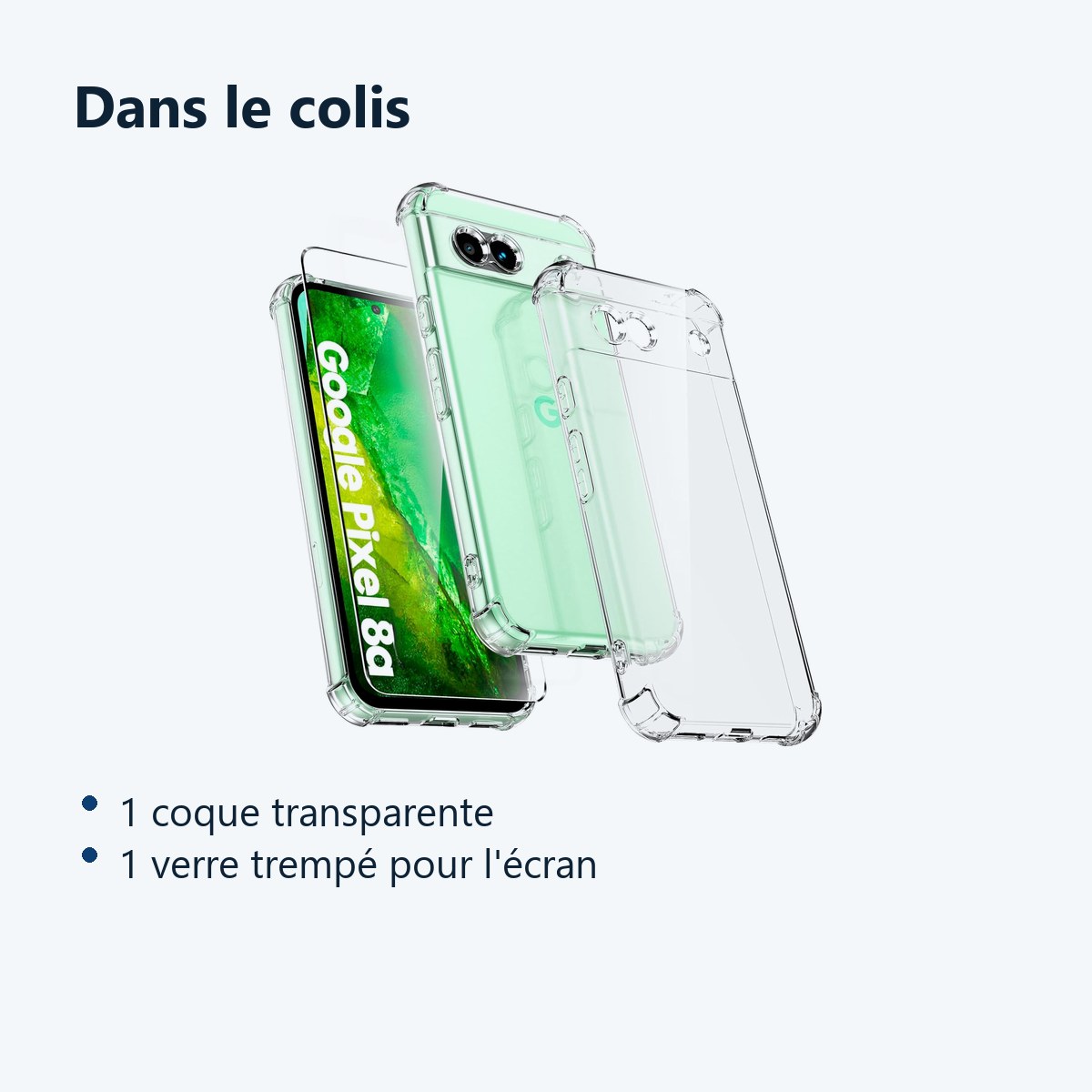 Contenu du colis – Coque Pour Google Pixel 8a Silicone Transparente Angles Renforces + Verre Trempe