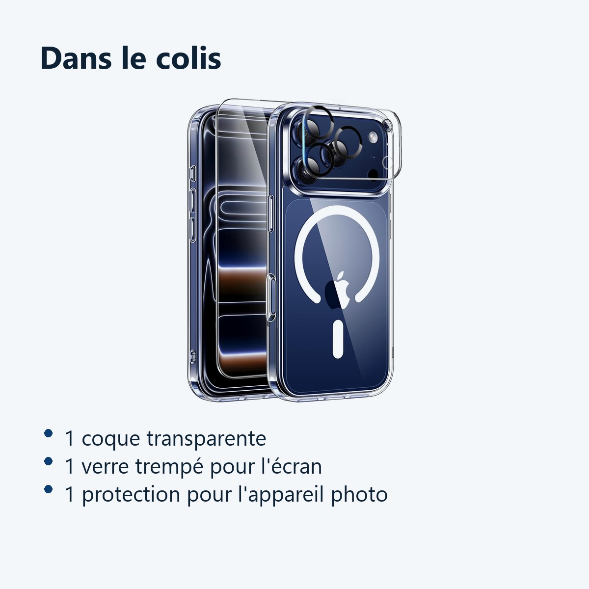 Contenu du colis – Coque Silicone Transparente Compatible Magsafe + Verre Trempe et Protection Camera Arriere Pour iPhone 17
