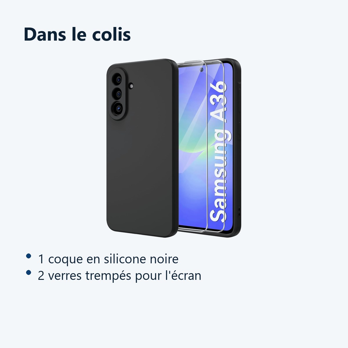 Contenu du colis – Coque Pour Samsung A36 5G Silicone Noir + 2 Verres Trempes