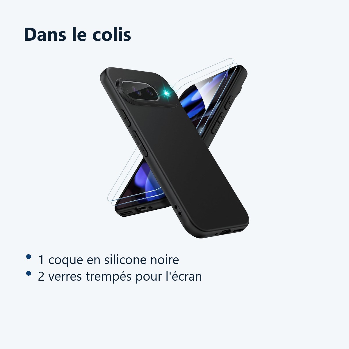 Contenu du colis – Coque Silicone Noir + 2 Verres Trempes Pour Google Pixel 9