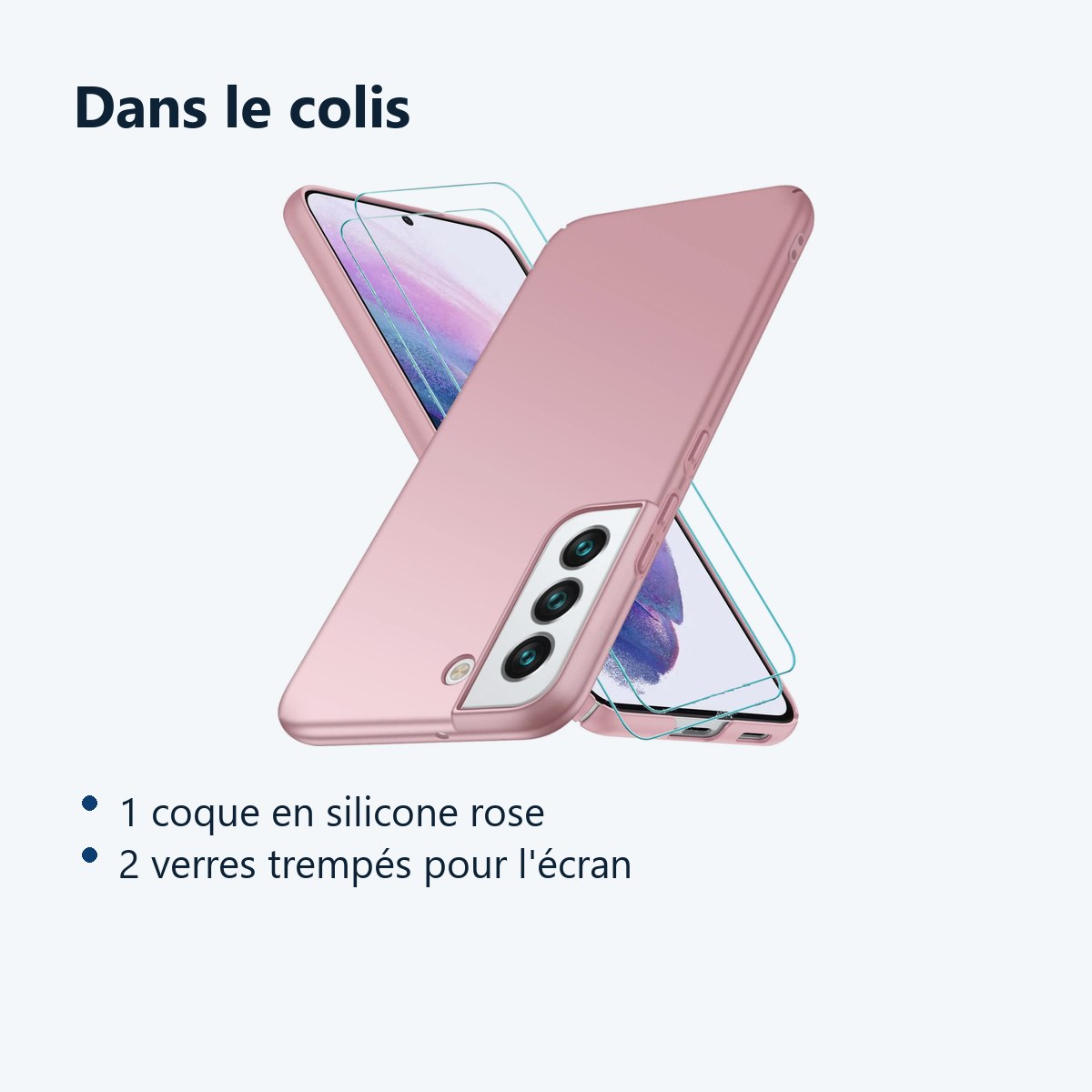 Contenu du colis – Coque Silicone Rose + 2 Verres Trempes Pour Samsung Galaxy S22 5G