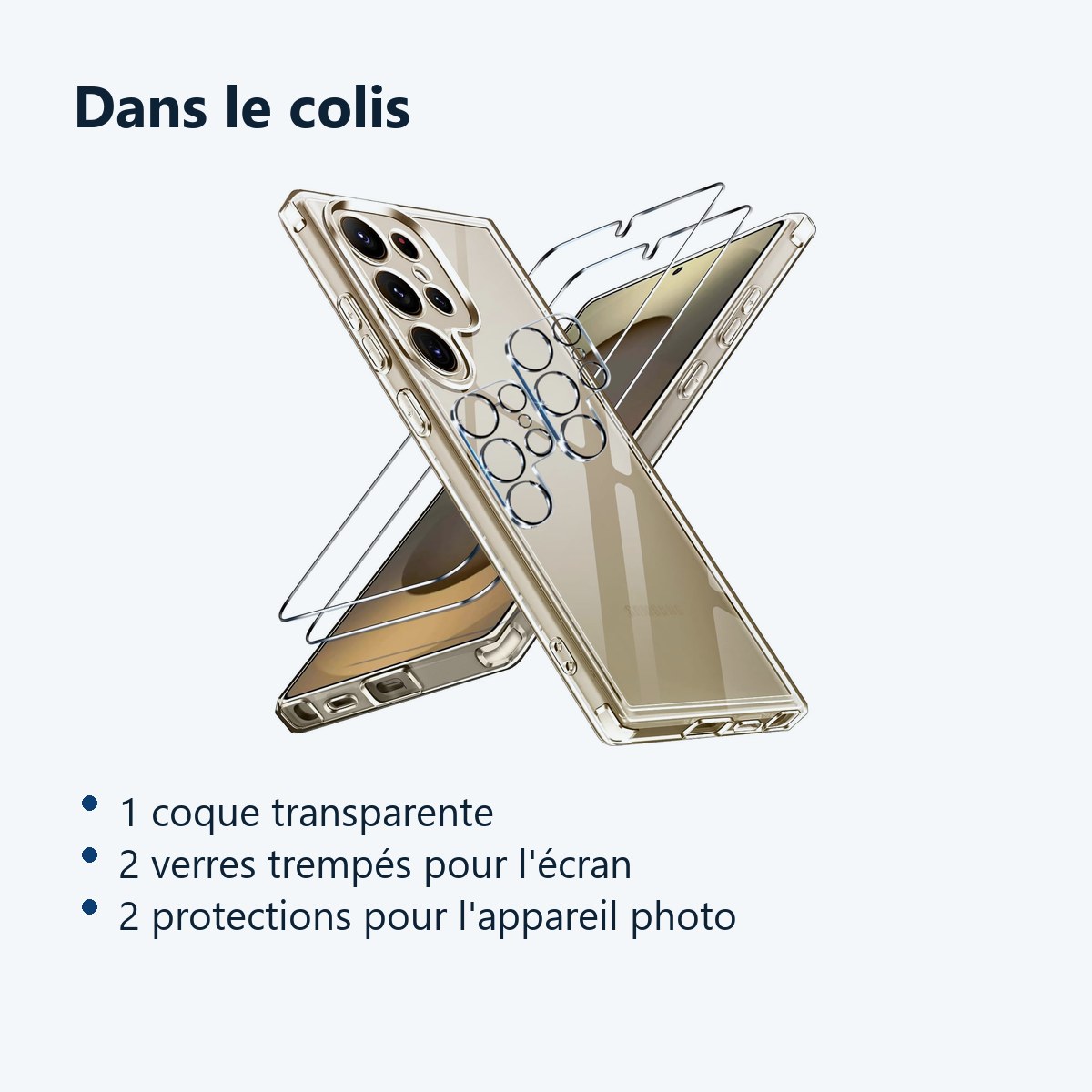 Contenu du colis – Coque Silicone Transparente + Verres Trempes et Protections Camera Arriere Transparent X2 Pour Samsung Gal