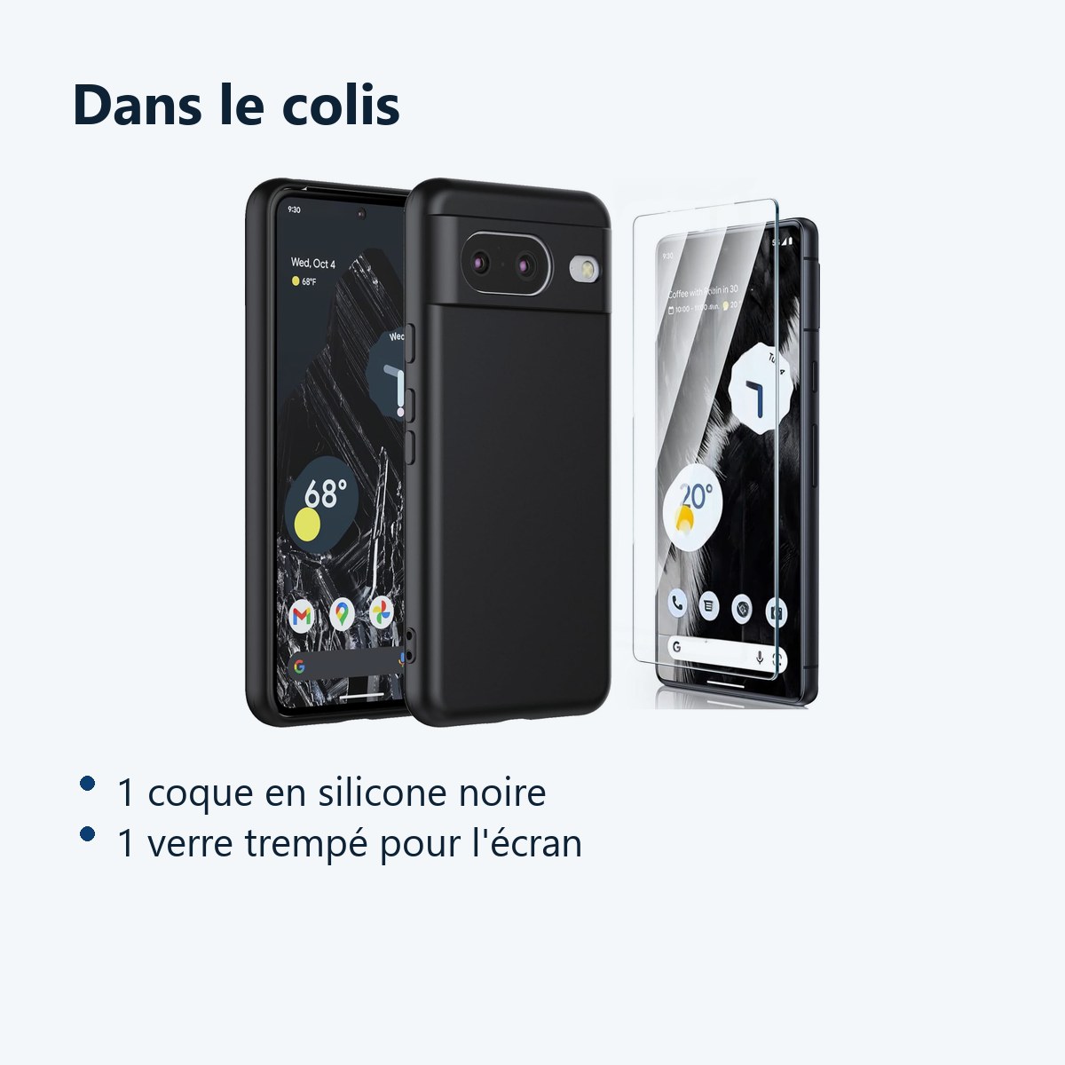 Contenu du colis – Coque Silicone Noir + Verre Trempe Pour Google Pixel 8