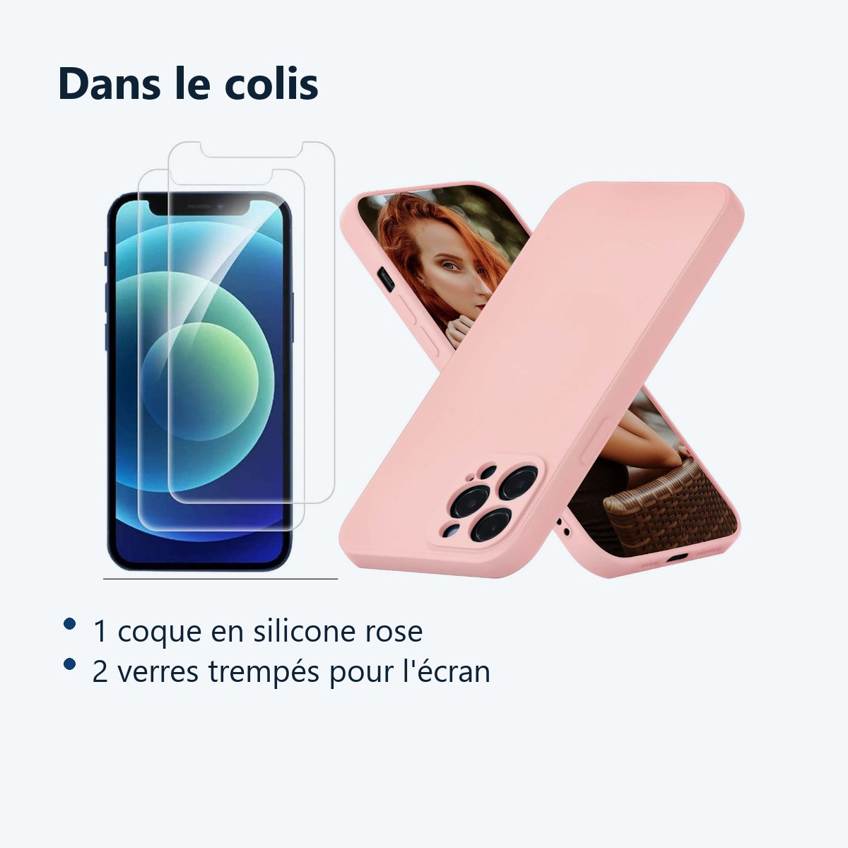 Contenu du colis – Coque Silicone Couleur Rose + 2 Verres Trempes Pour iPhone 12 Pro Max