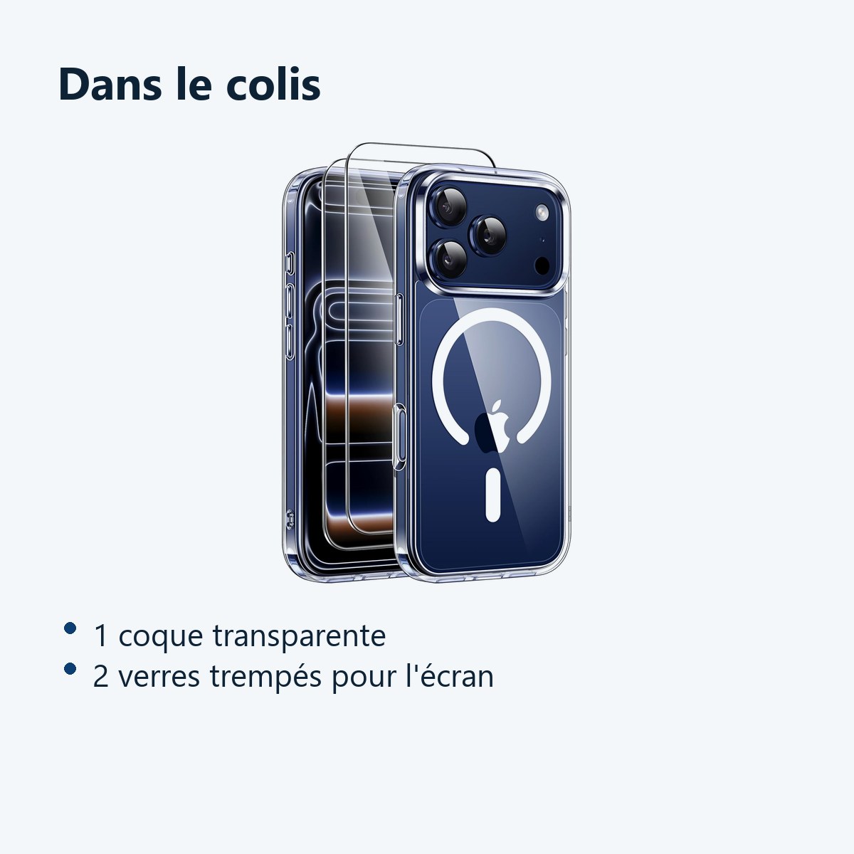 Contenu du colis – Coque Silicone Transparente Compatible Magsafe + 2 Verres Trempes Pour iPhone 17 Pro Max