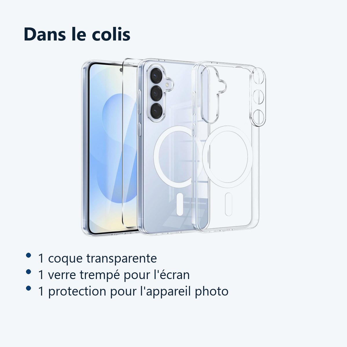 Contenu du colis – Coque Silicone Transparente Compatible Magsafe + Verre Trempes et Protection Camera Arriere Pour Samsung G