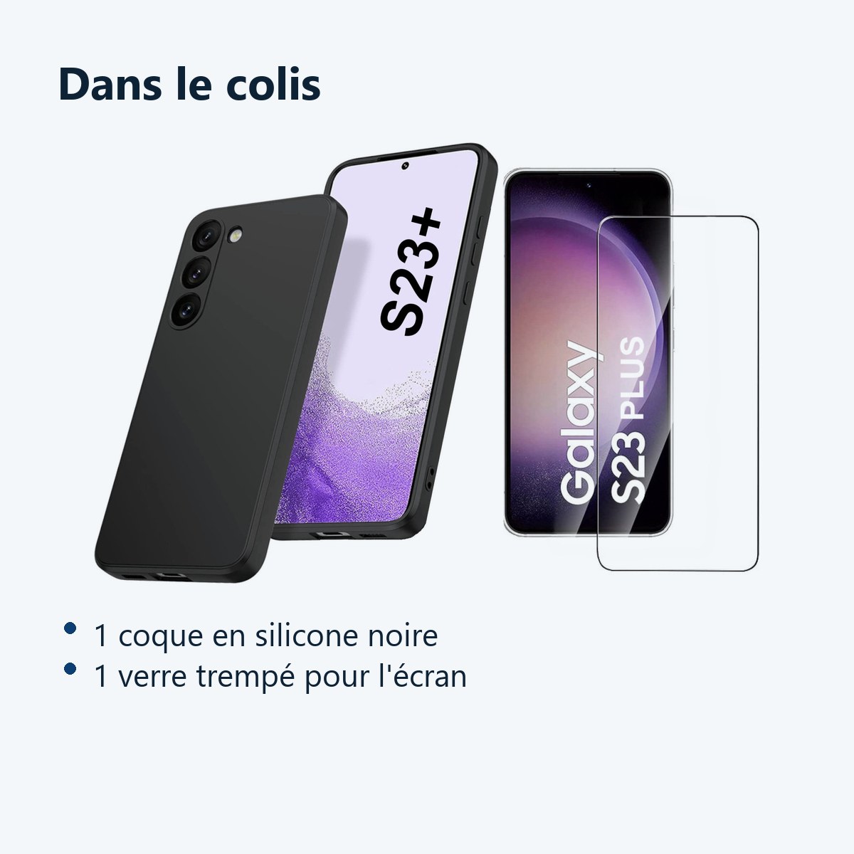 Contenu du colis – Coque Silicone Noir + Verre Trempe Pour Samsung Galaxy S23 Plus 5G