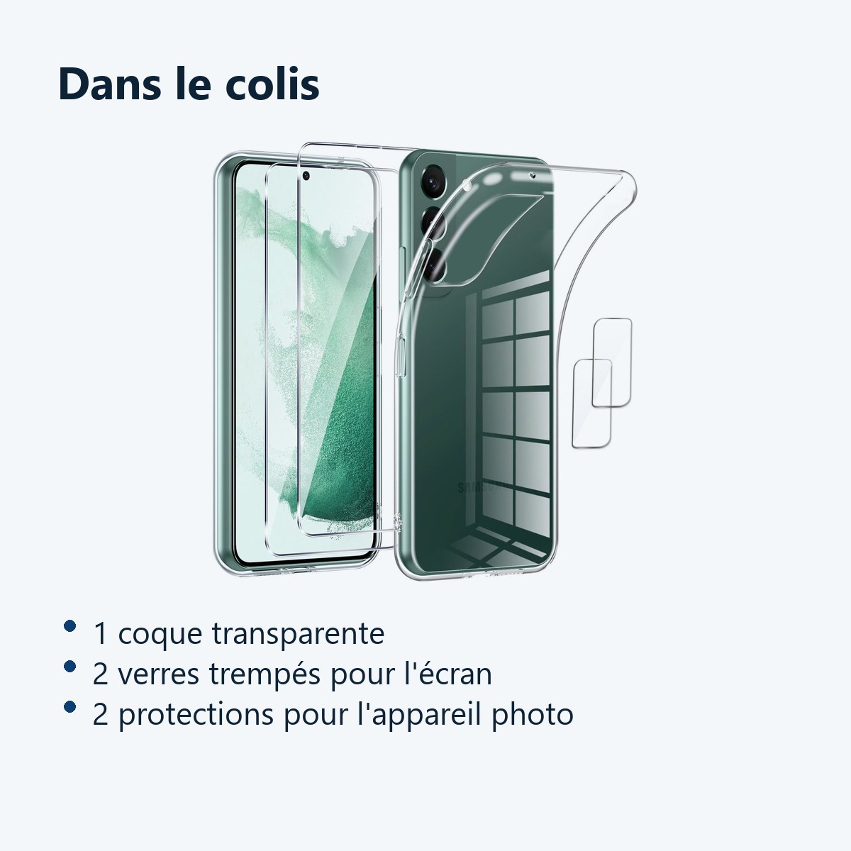 Contenu du colis – Coque Silicone Transparente + Verres Trempes et Protections Camera Arriere Transparent X2 Pour Samsung Gal