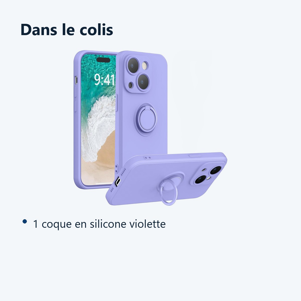 Contenu du colis – Coque Silicone Pour iPhone 14 Plus Couleur Violet Avec Anneau Support