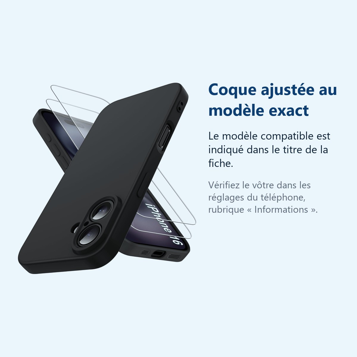 Accessoire ajusté au modèle exact – Coque Pour iPhone 16 Silicone Noir + 2 Verres Trempes