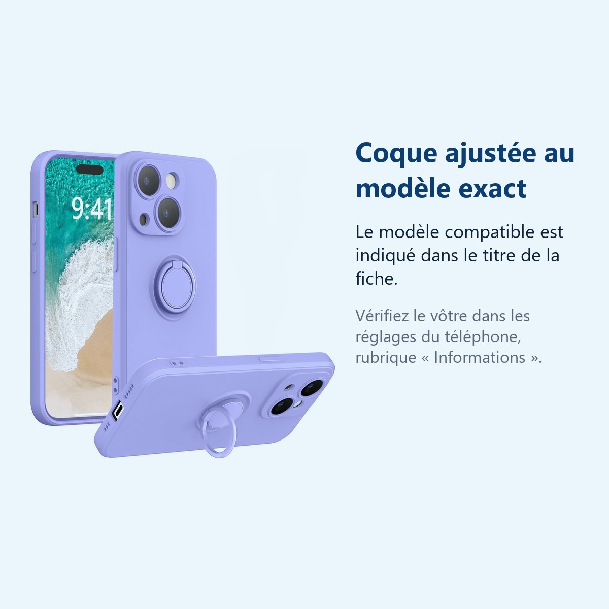 Accessoire ajusté au modèle exact – Coque Silicone Pour iPhone 14 Plus Couleur Violet Avec Anneau Support