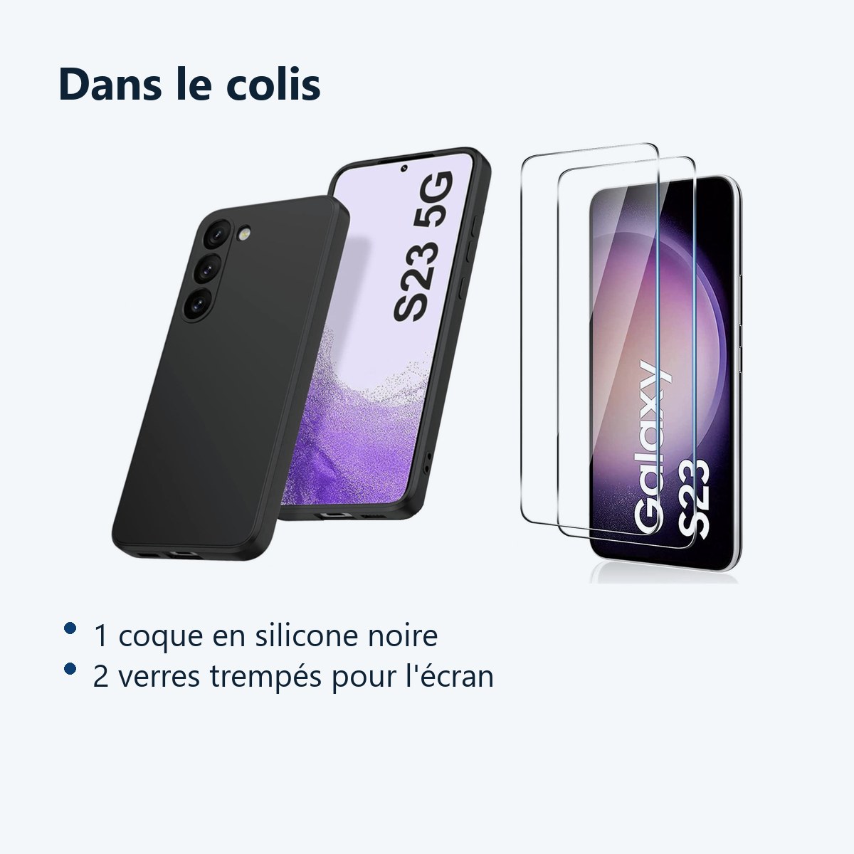 Contenu du colis – Coque Silicone Noir + 2 Verres Trempes Pour Samsung Galaxy S23 5G