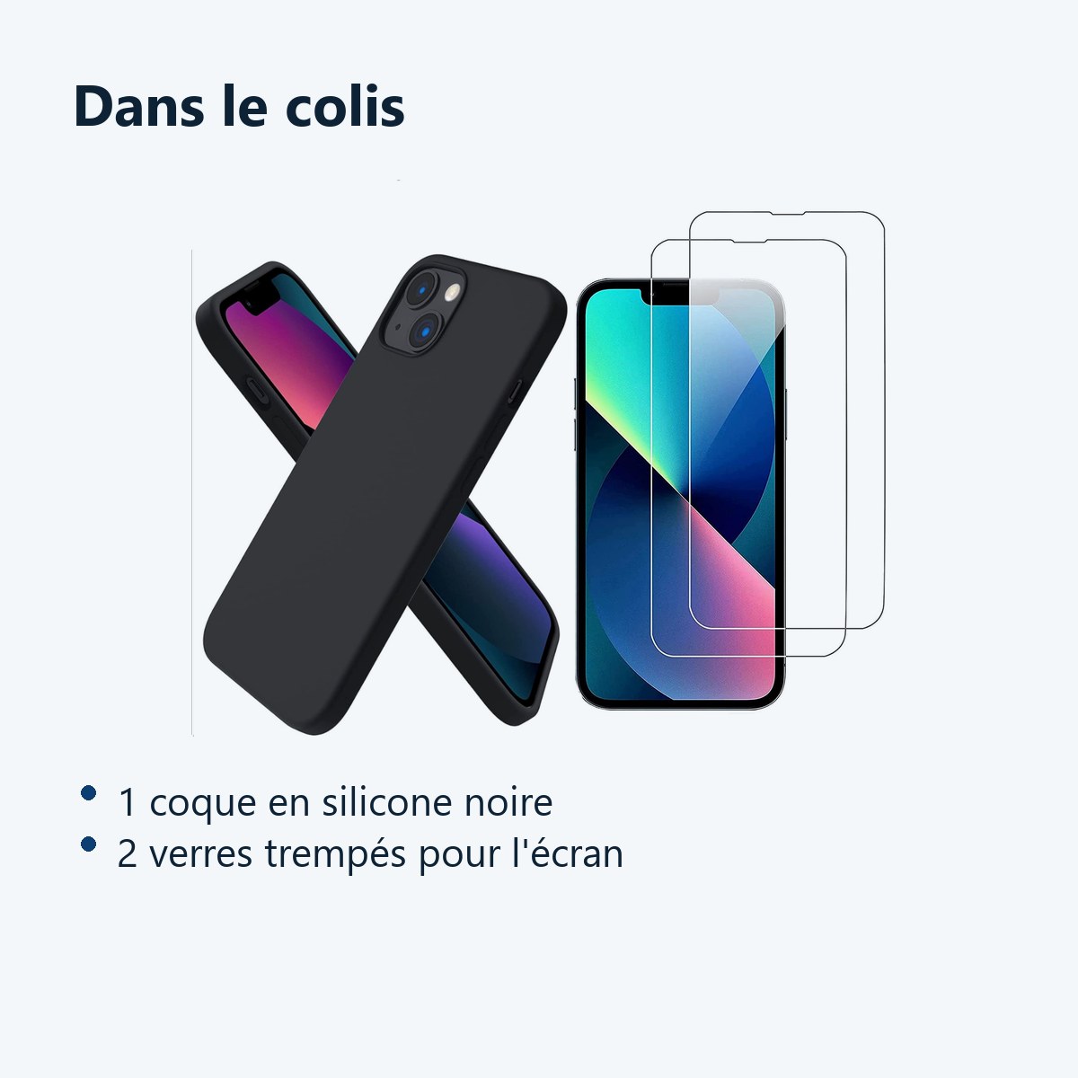 Contenu du colis – Coque Pour iPhone 13 Silicone Noir + 2 Verres Trempes
