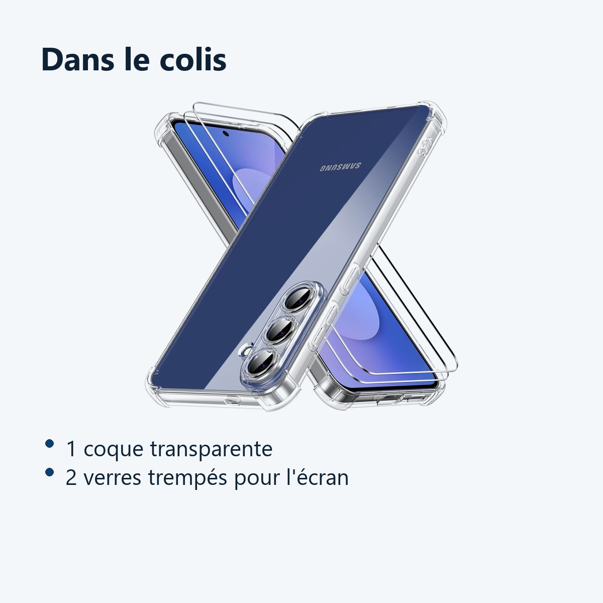Contenu du colis – Coque Pour Samsung Galaxy S25 FE Silicone Transparente Angles Renforces + 2 Verres Trempes