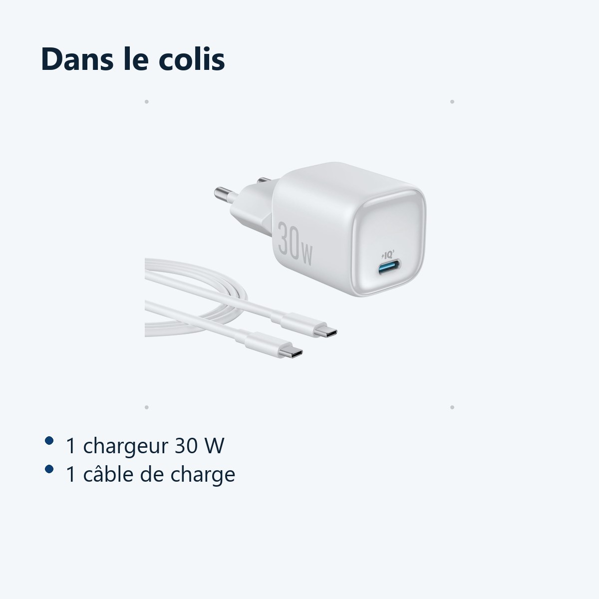Contenu du colis – Chargeur Blanc Rapide 30W + Cable USB C pour Samsung S25 / S25 Plus / S25 Ultra / S24 FE / Z Flip 6 / A16