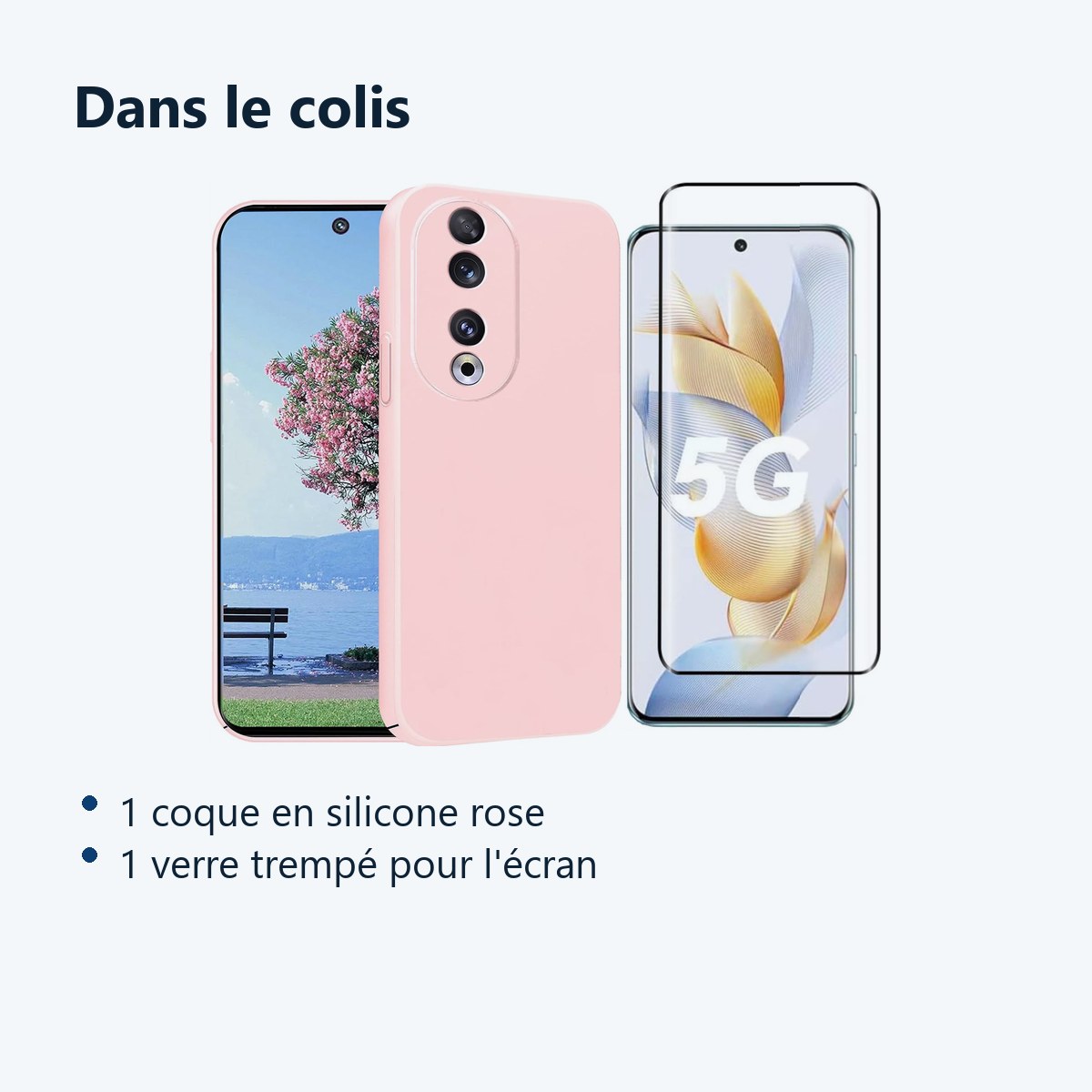Contenu du colis – Coque Silicone Rose + Verre Trempe Pour Honor 90 5G