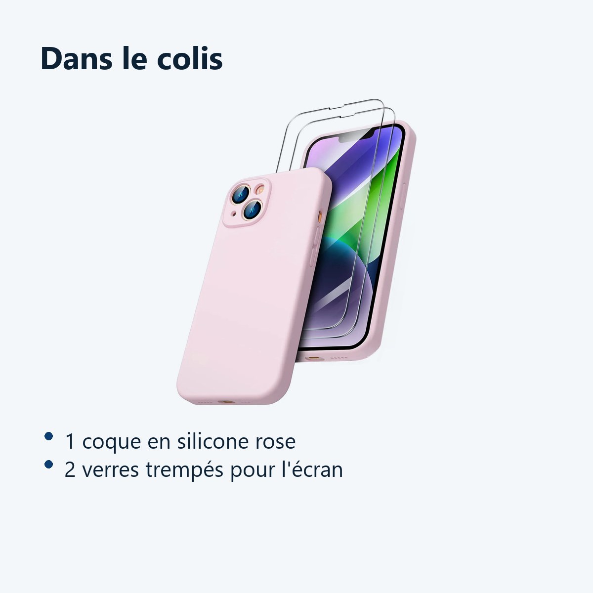Contenu du colis – Coque Silicone Couleur Rose + 2 Verres Trempes Pour iPhone 14 Plus
