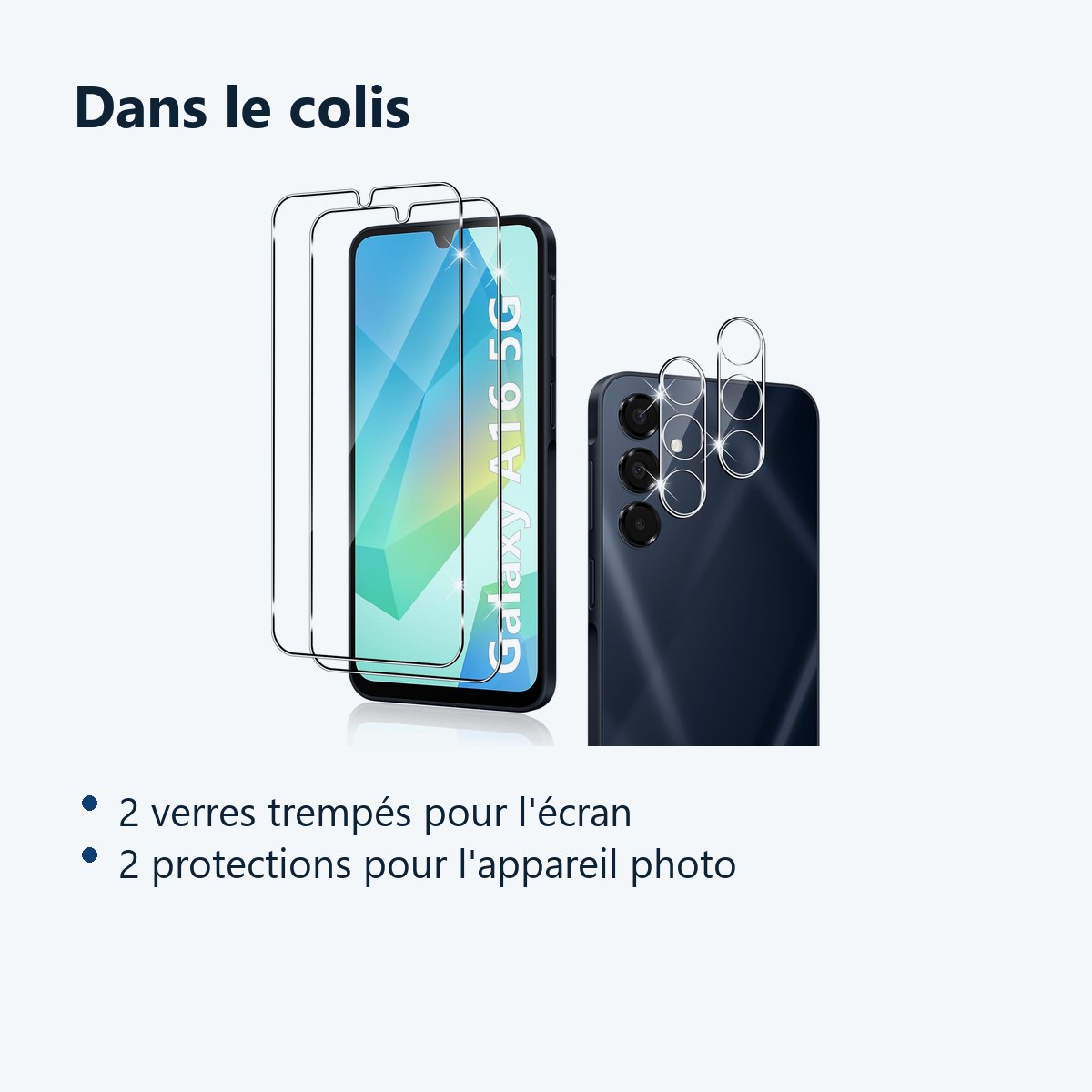Contenu du colis – Verres Trempes et Protections Camera Arriere Transparent X2 Pour Samsung Galaxy A16