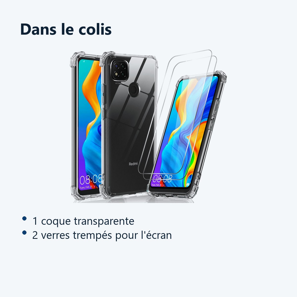 Contenu du colis – Coque Silicone Transparente Angles Renforces + 2 Verres Trempes Pour Xiaomi Redmi 9C / 9C NFC