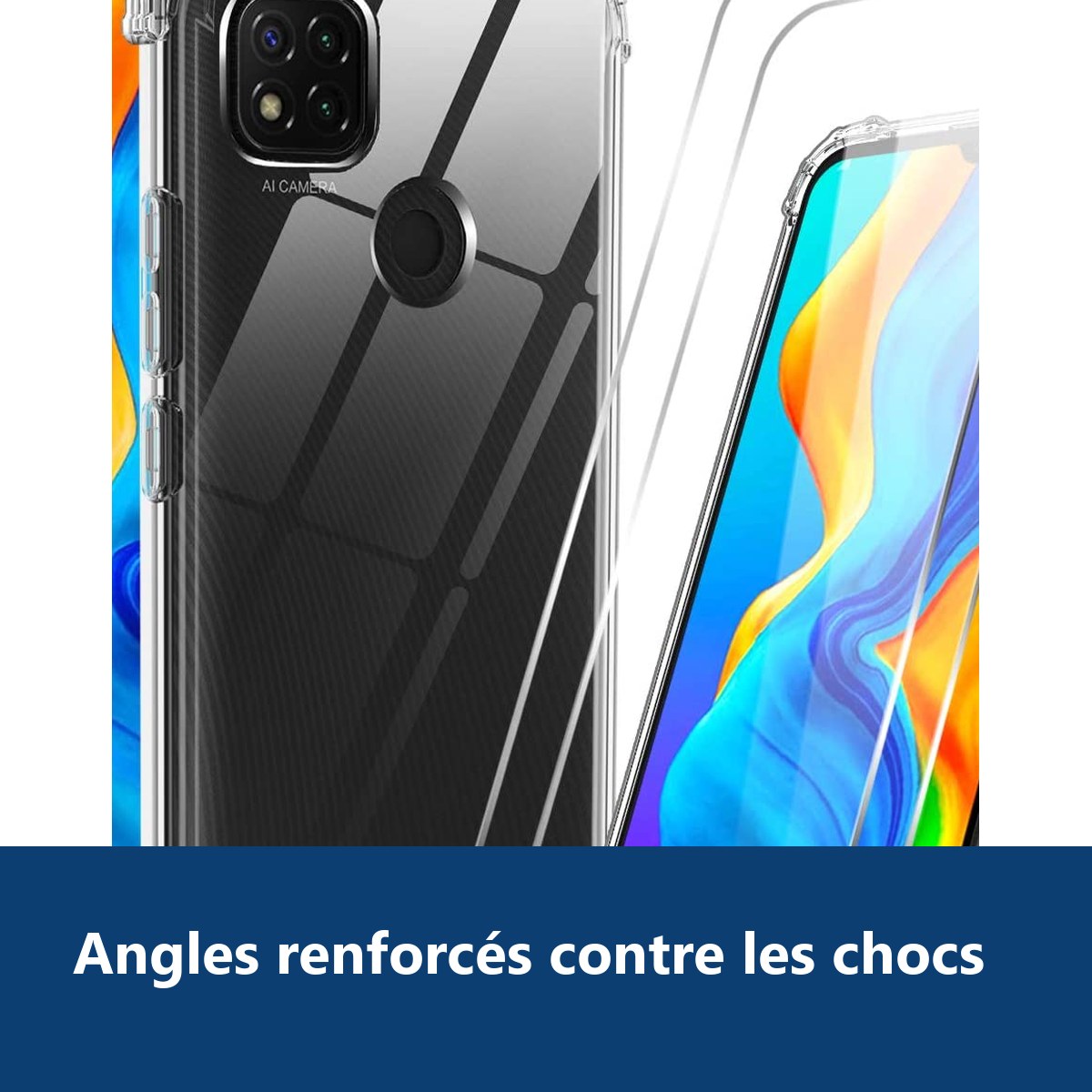 Vue de détail – Coque Silicone Transparente Angles Renforces + 2 Verres Trempes Pour Xiaomi Redmi 9C / 9C NFC