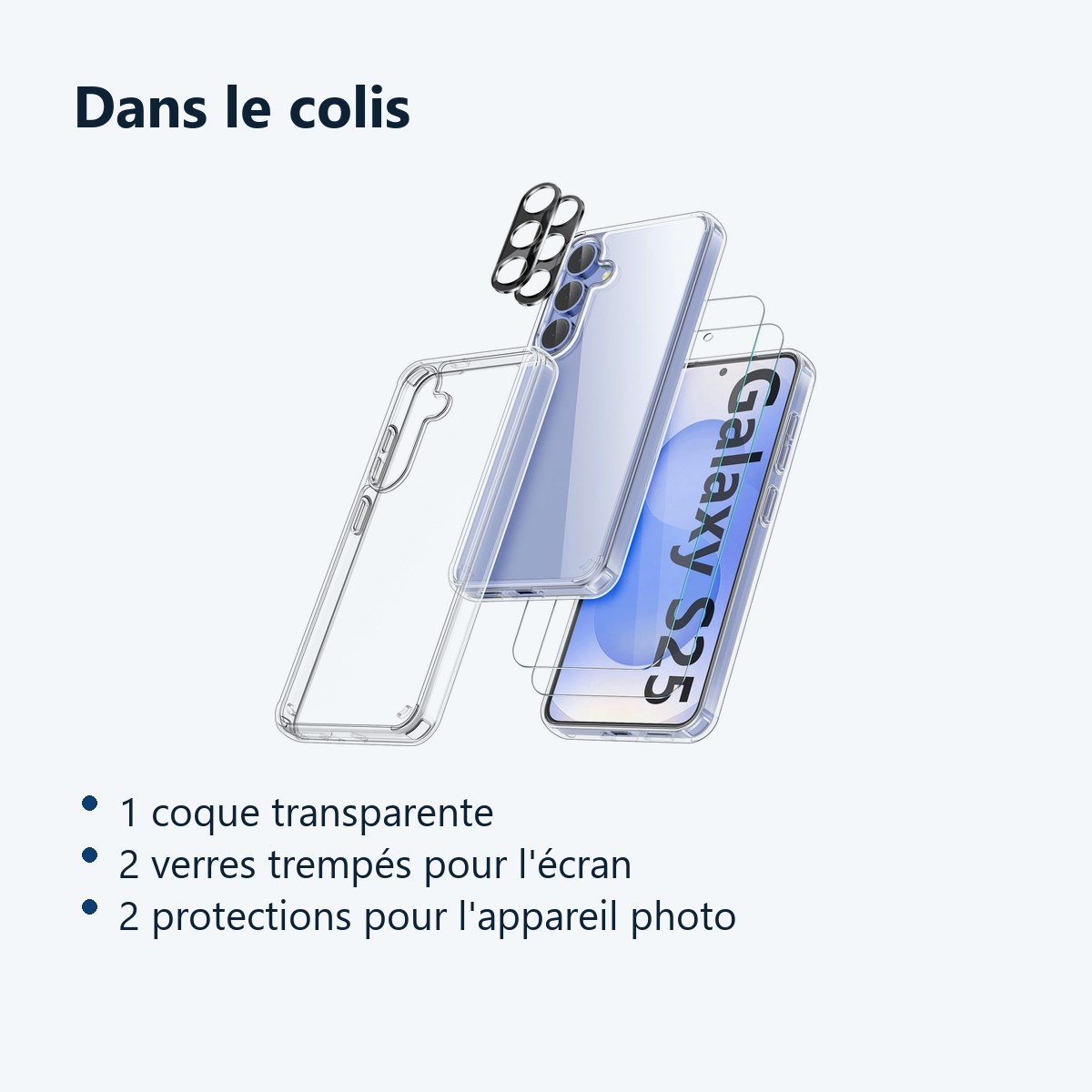 Contenu du colis – Coque Silicone Transparente + Verres Trempes et Protections Camera Arriere X2 Pour Samsung Galaxy S25