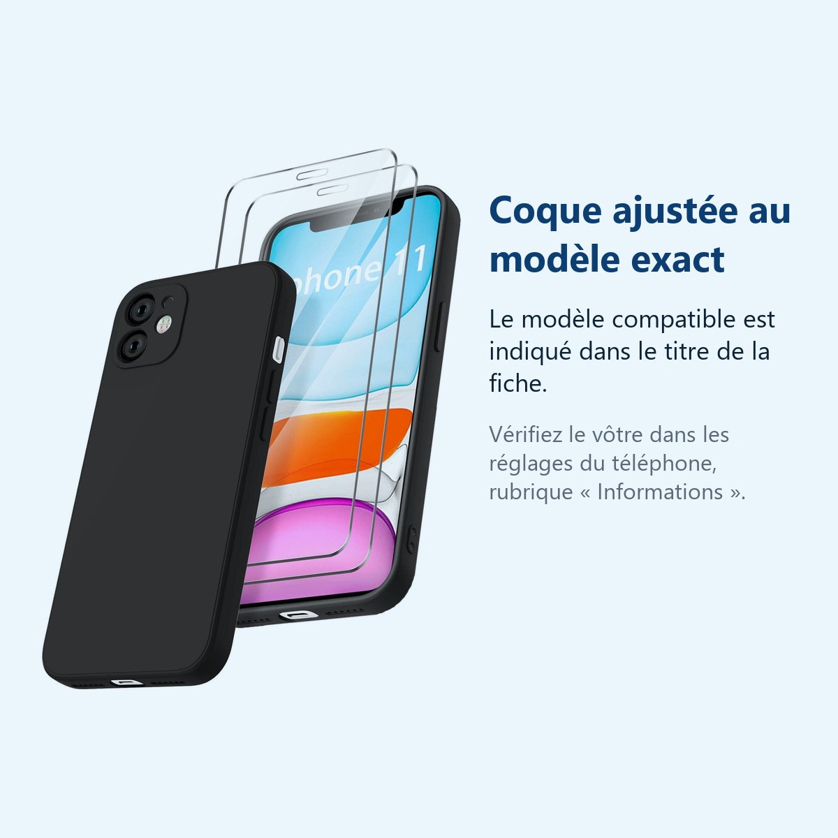 Accessoire ajusté au modèle exact – Coque Silicone Noir + Verres Trempes X2 Pour iPhone 11
