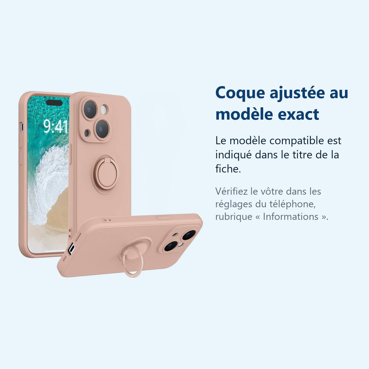 Accessoire ajusté au modèle exact – Coque Silicone Pour iPhone 14 Plus Couleur Rose Avec Anneau Support