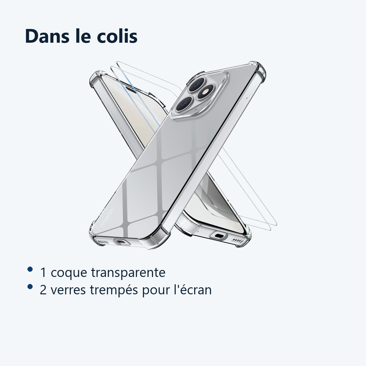 Contenu du colis – Coque Silicone Transparente Angles Renforces + 2 Verres Trempes Pour Honor 400 Lite