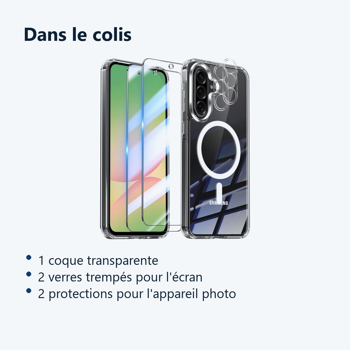 Contenu du colis – Coque Silicone Transparente Compatible Magsafe + 2x Verres Trempes et Protections Camera Arriere Pour Sams
