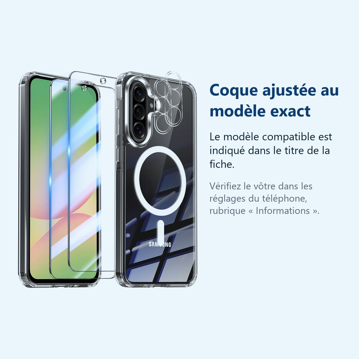 Accessoire ajusté au modèle exact – Coque Silicone Transparente Compatible Magsafe + 2x Verres Trempes et Protections Camera