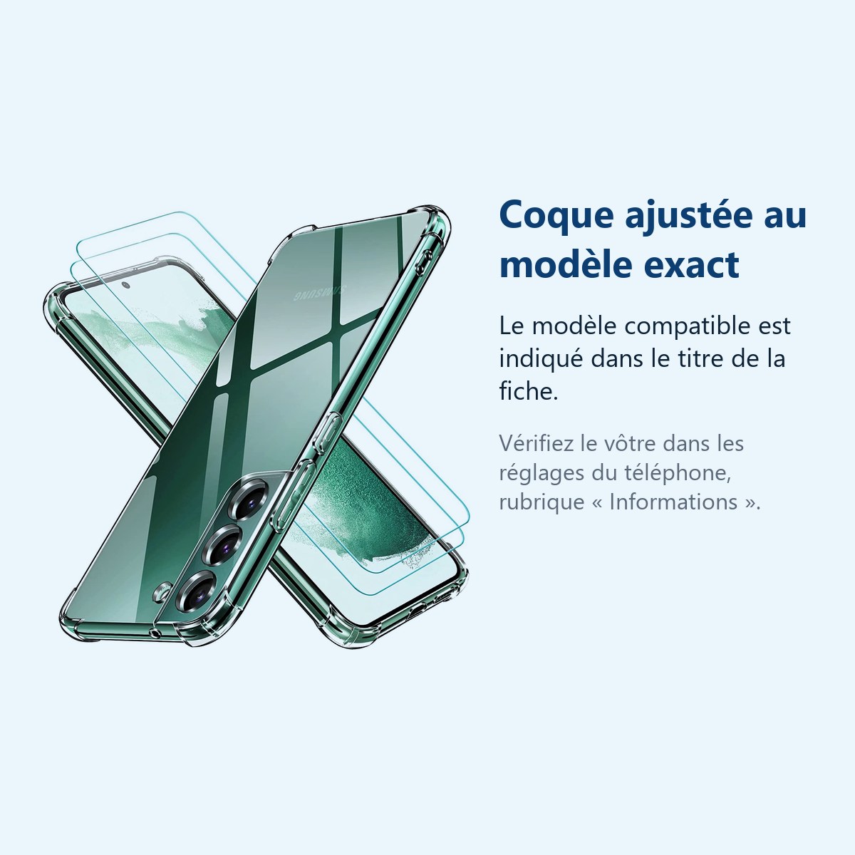 Accessoire ajusté au modèle exact – Coque Transparente Antichoc Angles Renforcés pour Samsung Galaxy S22 Plus + 2 Verres Trem