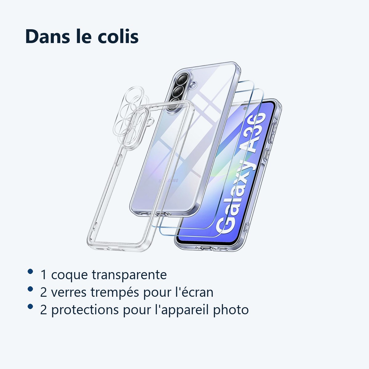 Contenu du colis – Coque Silicone Transparente + Verres Trempes et Protections Camera Arriere Transparent X2 Pour Samsung Gal