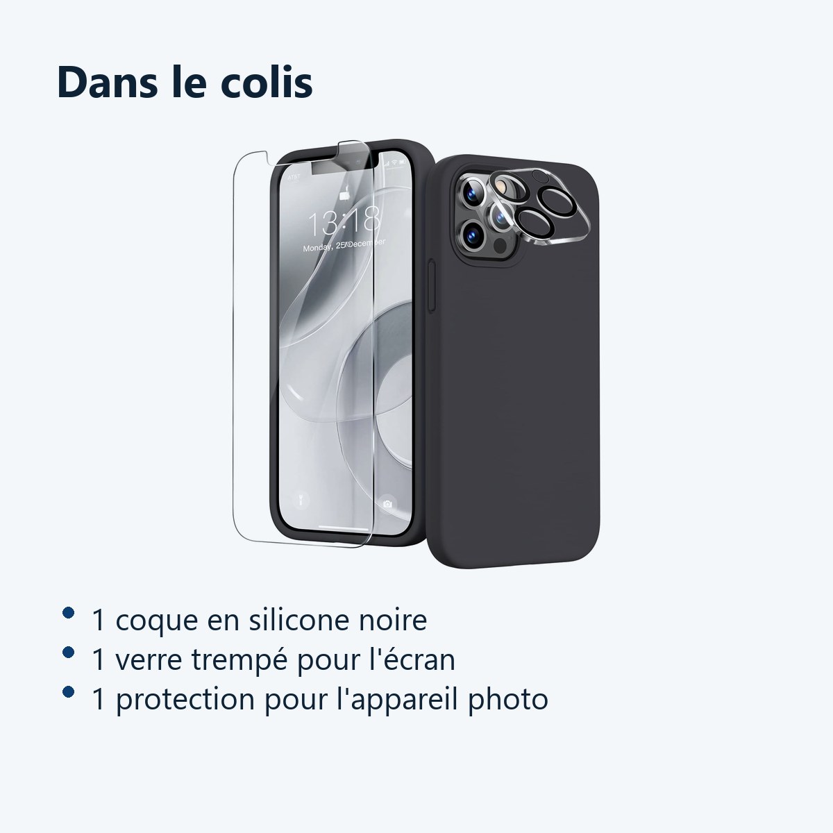 Contenu du colis – Coque Silicone Noir + Verre Trempe et Protection Camera Arriere Pour iPhone 12 Pro